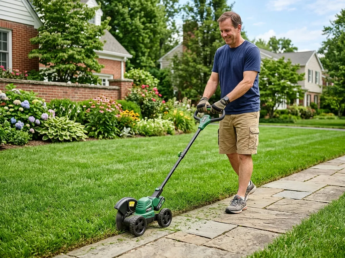 Homeowner comfortably edging sidewalk with Shirem EdgePro