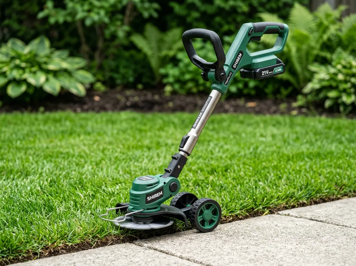 Shirem EdgePro cordless grass trimmer standing upright on lawn